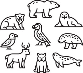 Naklejka premium Eight Black Line Art Icons Depicting Arctic Animals Polar Bear Seal Deer Bird Walrus vector