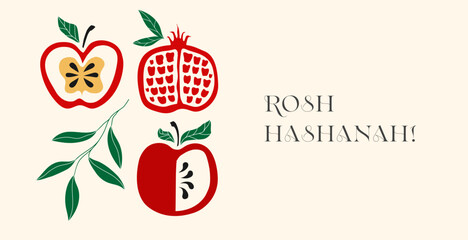 Rosh Hashanah greeting card hand drawn stye for Shana Tova holidays, Jewish New Year. Pomegranate, apple, leaves vector