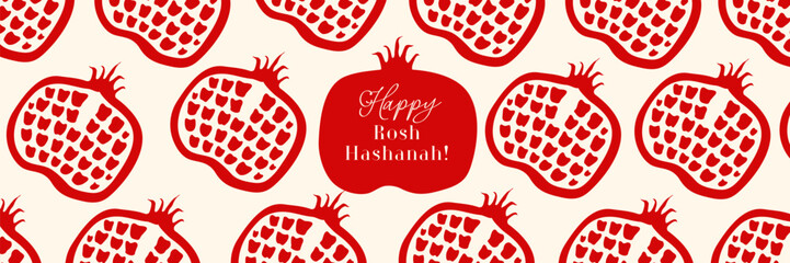 Happy Rosh Hashanah greeting card hand drawn for Shana Tova holidays, Jewish New Year. Pomegranate, apple, leaves vector