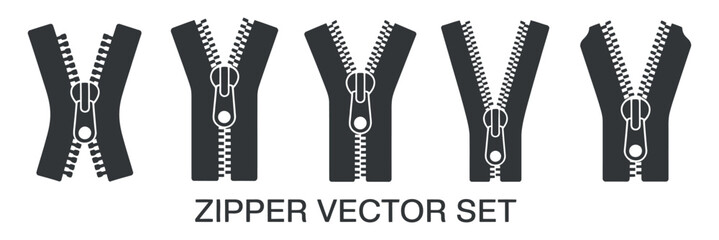 Set of Different Zipper Styles in a Monochrome Vector Illustration