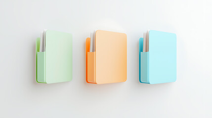 Three colorful file holders mounted on a white wall, each containing documents. Mint green, peach, and light blue bring a modern, organized look.