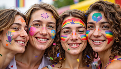 Fototapeta premium Joyful celebration of friendship with painted faces at festival, unity