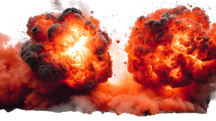 Two large fiery explosions with smoke and debris isolated on transparent background