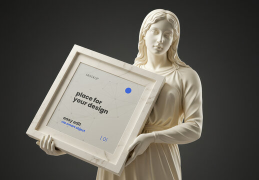 Woman Virgin Statue Holding Square Frame Photo Poster Mockup