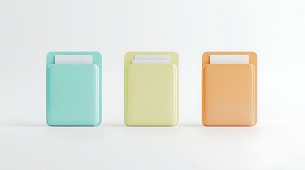 Minimalist organization: trio of pastel-colored document holders against a clean white backdrop. Files and paperwork are contained.
