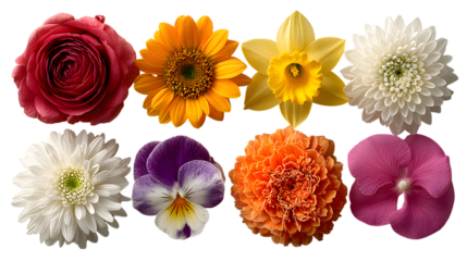 Assortment of colorful flowers including roses sunflowers daffodils and more isolated on transparent background