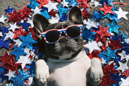 Cute Boston Terrier dog wearing Fourth of July stars and stripes sunglasses and patriotic necklace, American Independence Day pet celebration
- Powered by Adobe