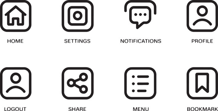 Nine minimalist black line art icons set home settings notifications profile logout share menu bookmark app