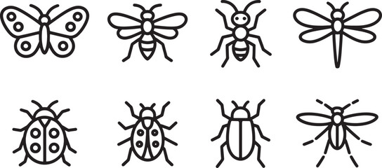 Fototapeta premium Seven Black Line Art Insect Icons Set Butterfly Bee Ant Dragonfly Ladybug Beetle Bug Mosquito vector