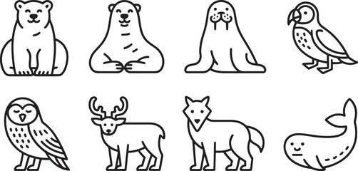 Fototapeta premium Eight Black Line Art Arctic Animals Polar Bear Walrus Puffin Owl Reindeer Wolf Whale Set vector