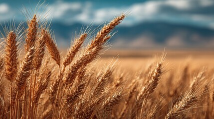 Fototapeta premium Golden wheat stalks sway gently in the breeze, set against a backdrop of majestic mountains under a bright blue sky, revealing the beauty of natures harvest time.