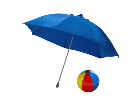 Blue Umbrella and Beach Ball A Playful Summer Scene, Perfect for Vacation and Relaxation Prompts - Powered by Adobe