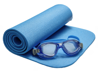 Ready for a swim A blue rolled mat with goggles, suggesting relaxation, exercise, and water activities for a refreshing experience.
