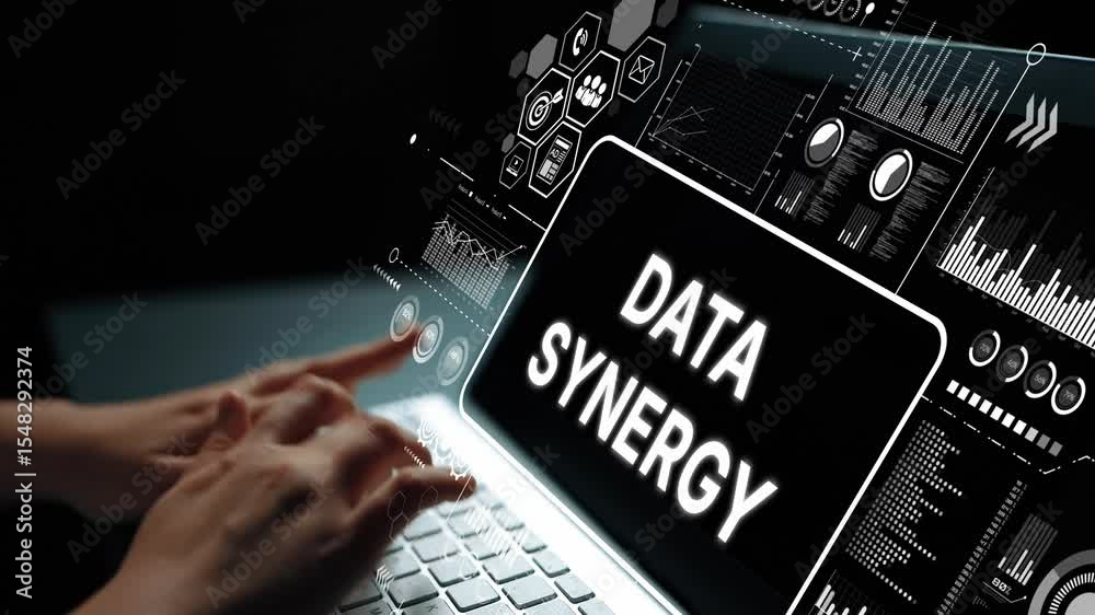 Poster hands typing on laptop with data synergy graphics showing technology and digital analysis concept. a