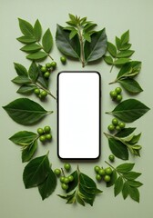 Stock photo of smartphone mockup with green leaves and berries for eco friendly app promotion
