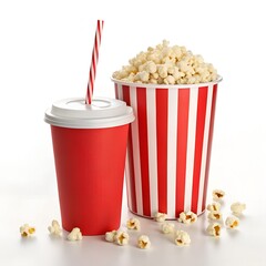 Movie night popcorn soda red cups striped bucket