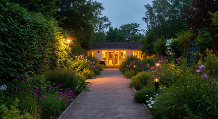 Obraz premium A beautifully lit pathway leading to a building amidst a lush, evening garden scene