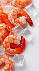 Fresh shrimp and ice cubes on white surface for seafood delicacy