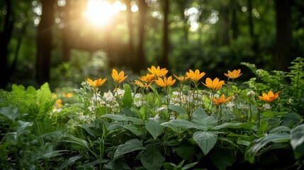 Obraz premium A serene landscape showcasing blossoming orange flowers amidst lush green foliage, capturing the essence of spring and the tranquility of nature’s beauty.