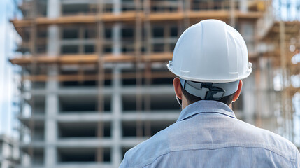 Construction Site Inspector: A man in a hard hat oversees construction, focused on safety and progress. An image of a modern building rises behind him.