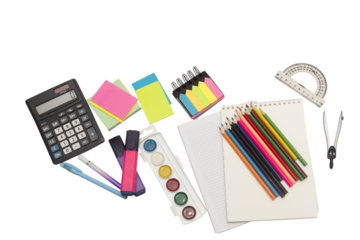 School and office supplies, pens, pencils, ruler, compass, calculator on a white background.
