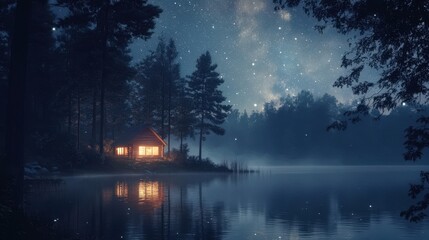 Serene Night at a Cozy Cabin by the Lake Under a Starry Sky
