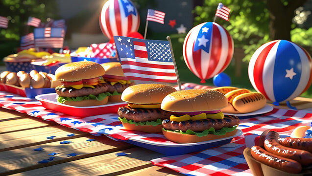 4th of July festive meal with burgers cake and snacks celebration food plate - Powered by Adobe