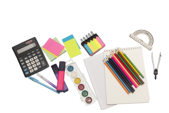 School and office supplies, pens, pencils, ruler, compass, calculator on a white background.