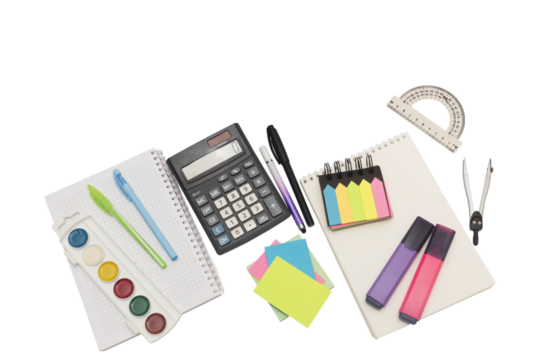School and office supplies, pens, pencils, ruler, compass, calculator on a white background.