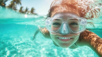 Naklejka premium This vibrant underwater image features a smiling swimmer with a mask, capturing the joy and bliss of swimming in clear blue water under a radiant sunlit environment.