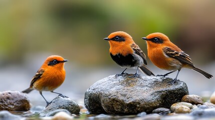 Fototapeta premium A stunning close-up of three vibrant orange birds perched on a rock, showcasing the beauty of wildlife and nature in a serene environment, capturing their unique characteristics.
