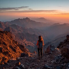 Fototapeta premium Atlas Sunset Trek: A gorgeous woman with trekking poles gazes at the majestic Toubkal Peak during a breathtaking mountain sunset in the Atlas Mountains of North Africa.
