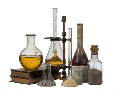 Laboratory glassware with colorful chemicals for science experiments and scientific research