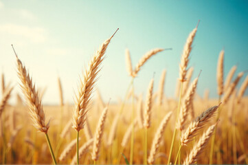 Fototapeta premium A field of tall grass with a blue sky in the background.