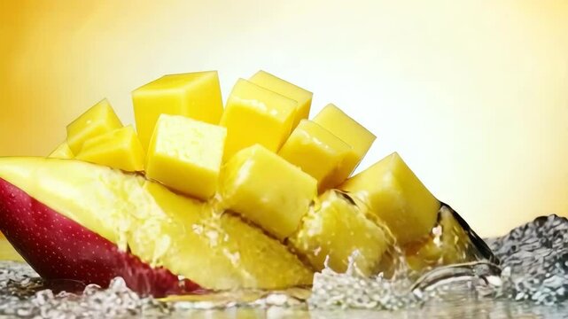 Sliced Mango Cubes Plunging into Water, Creating Splash and Refreshing Effect
