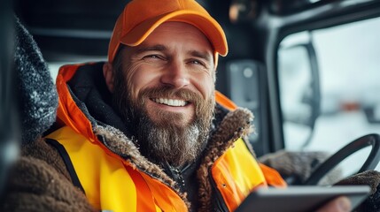 A bearded man in bright orange reflective gear gives a cheerful smile while seated in a truck cabin, radiating warmth and friendliness through his approachable demeanor in a work environment.