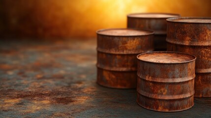 A collection of rusty barrels artfully positioned to highlight the textures, colors, and organic decay showcasing industrial aesthetics that evoke feelings of nostalgia.