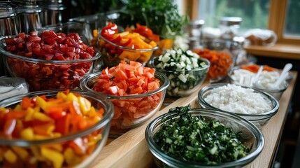 Obraz premium A vibrant display of freshly chopped vegetables arranged in glass bowls, showcasing a variety of colors and textures ideal for healthy meal preparations and recipes.