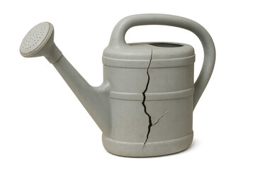 Broken watering can on transparent background symbolizing gardening challenges