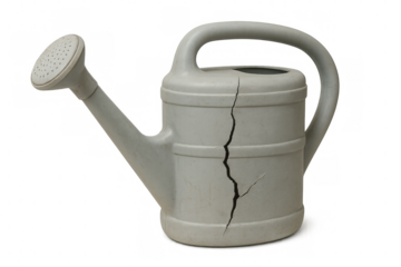Broken watering can on transparent background symbolizing gardening challenges