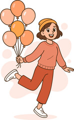 Happy young woman with balloons. Vector illustration for youth lifestyle, freedom, fun, celebration and self-expression themes