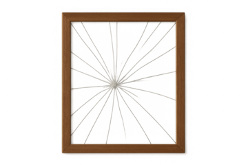 Wooden frame with cracked glass and transparent background isolating subject