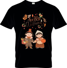 Hello autumn cartoon boy and girl T shirt design