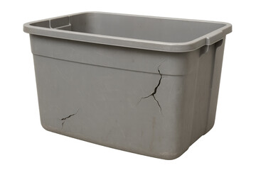 Gray plastic storage box showing visible damage on transparent background