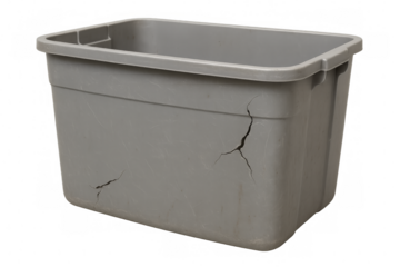 Gray plastic storage box showing visible damage on transparent background