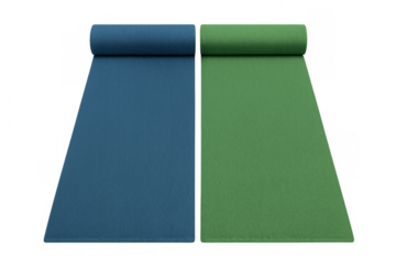 Blue and green yoga mats partially rolled up on transparent background