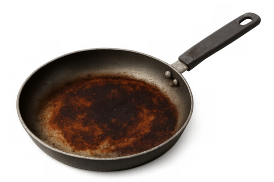 Dirty frying pan showing cooking and food preparation on transparent background
