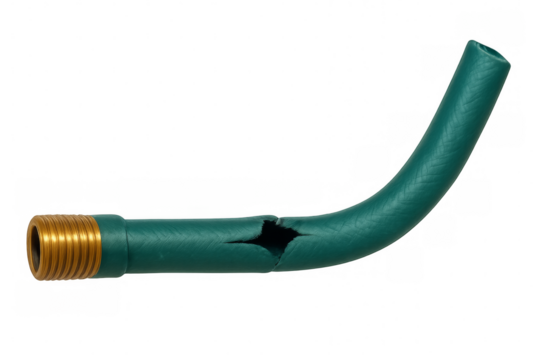 Broken green garden hose pipe with transparent background symbolizing repair or replacement