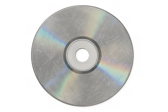 Scratched cd showing rainbow reflections on transparent background