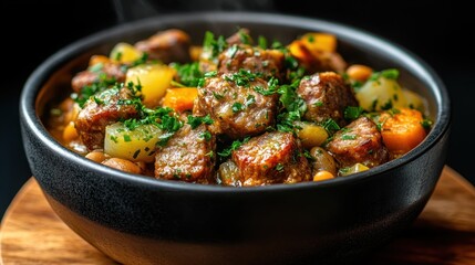 Fototapeta premium A steaming bowl of savory beef stew filled with vibrant vegetables, inviting warmth and comfort, perfect for cold days, showcasing rustic culinary artistry.